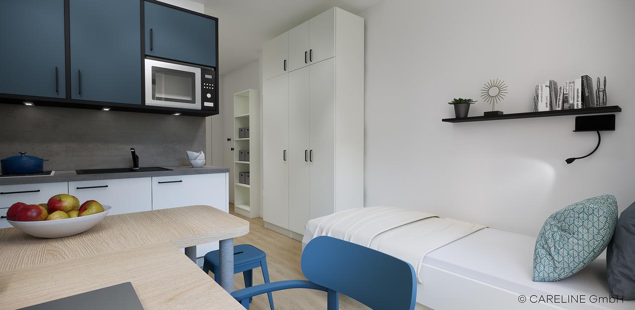 Apartmentüberblick Quartillion Wiesbaden mit Bett und Küche