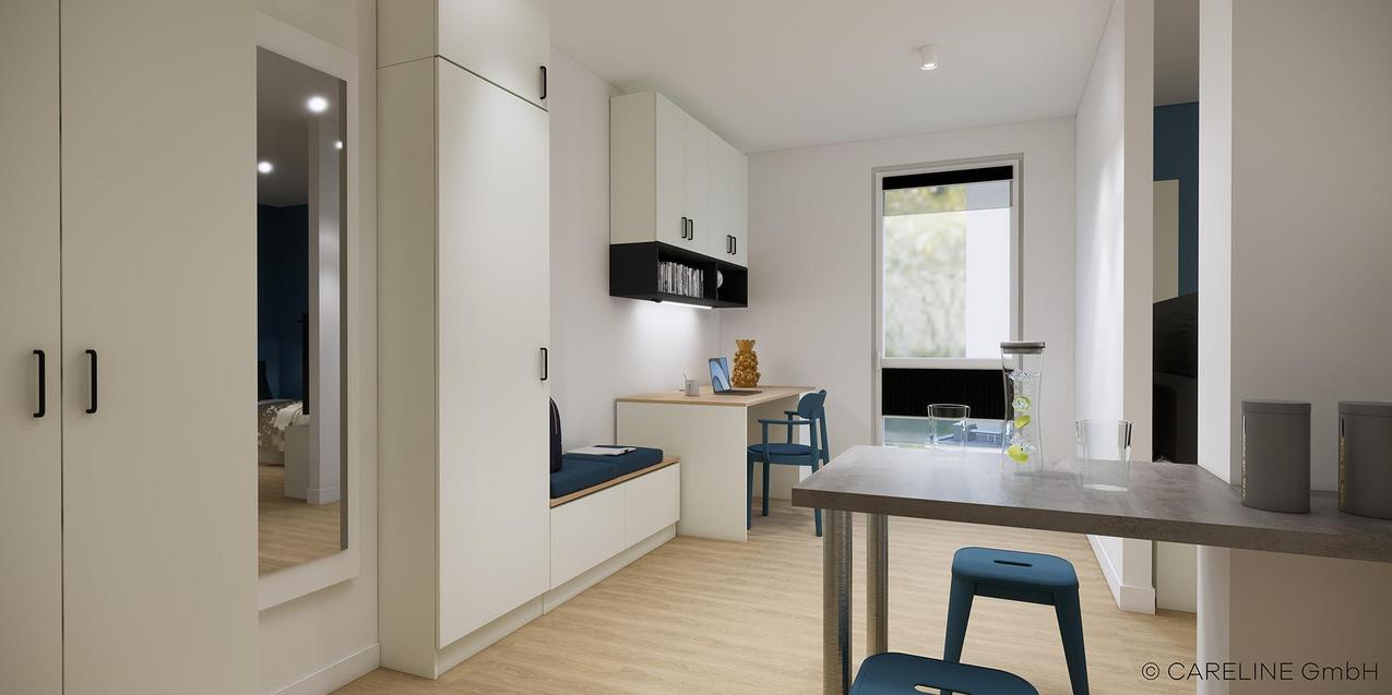 Apartmentüberblick Quartillion Wiesbaden mit Schreibtisch