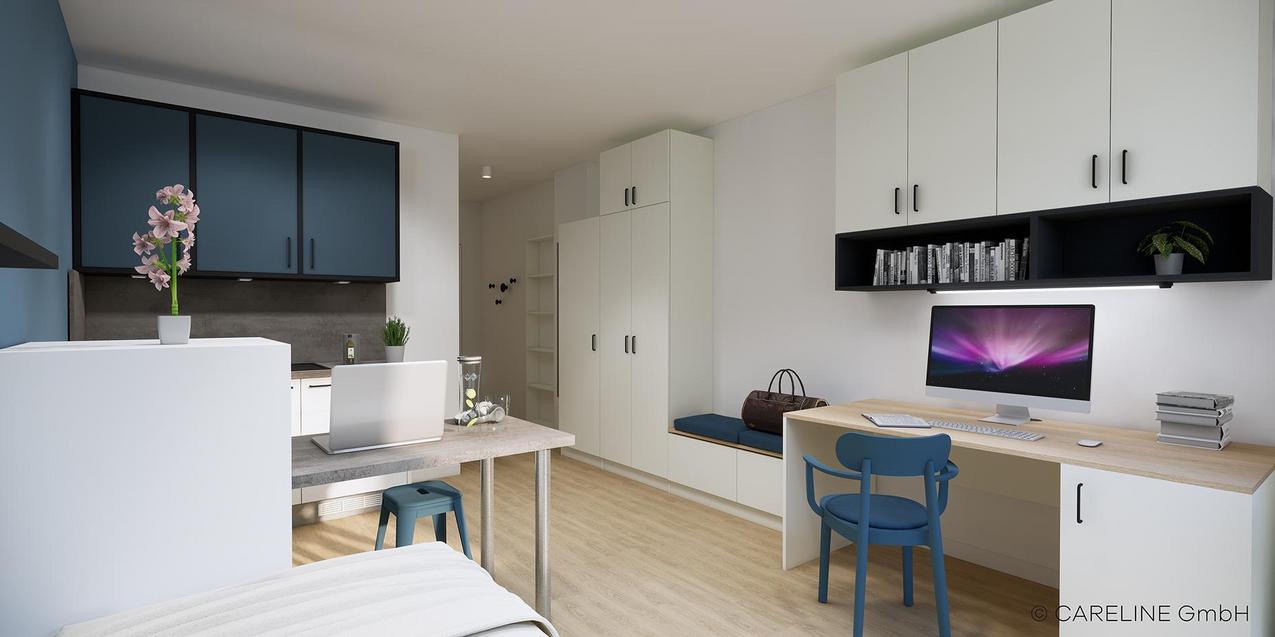 Apartmentüberblick Quartillion Wiesbaden mit Schreibtisch und Küche