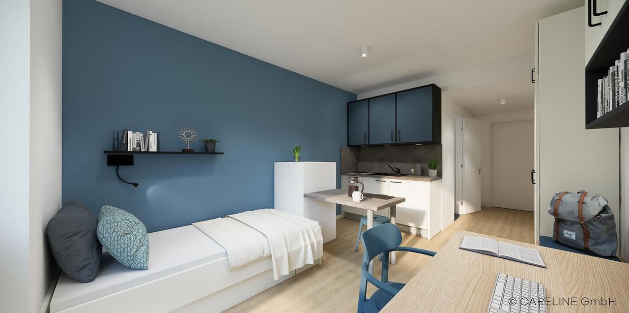 Apartmentüberblick Quartillion Wiesbaden mit Bett
