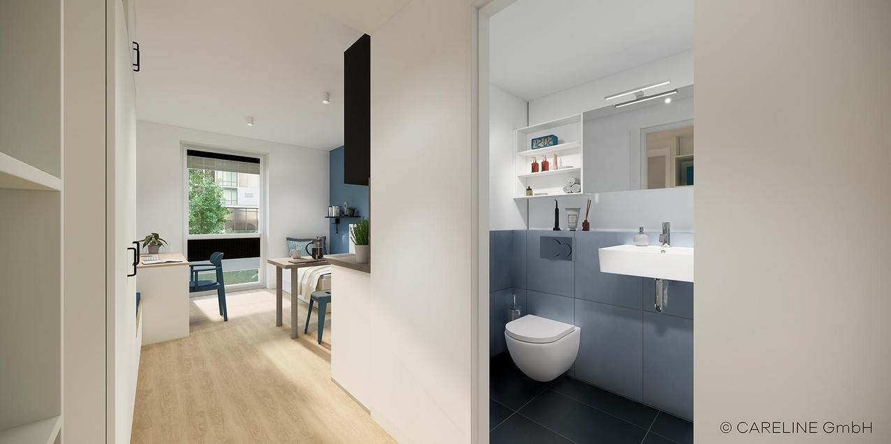 Apartmentüberblick Quartillion Wiesbaden mit Badezimmer
