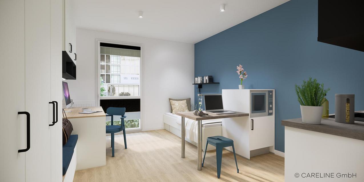 Apartmentüberblick Quartillion Wiesbaden mit Schreibtisch